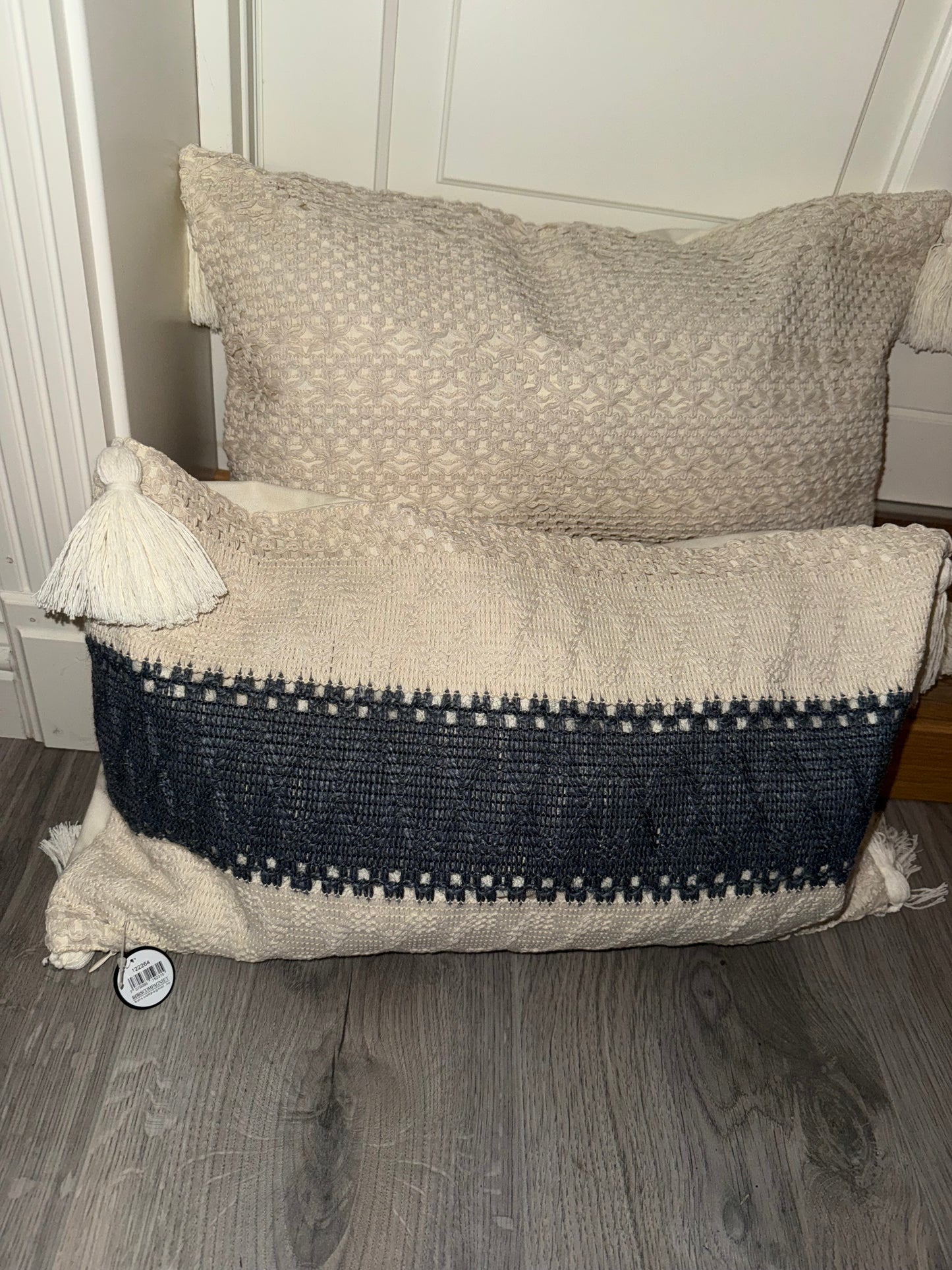 Putetrekk vevd bomull/lin krem m/blå 30x50cm