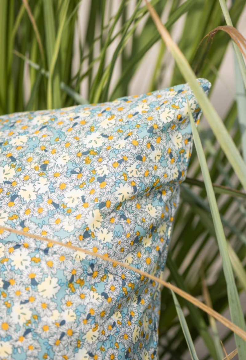 Putetrekk blå/turkis/gul blomster 60x60