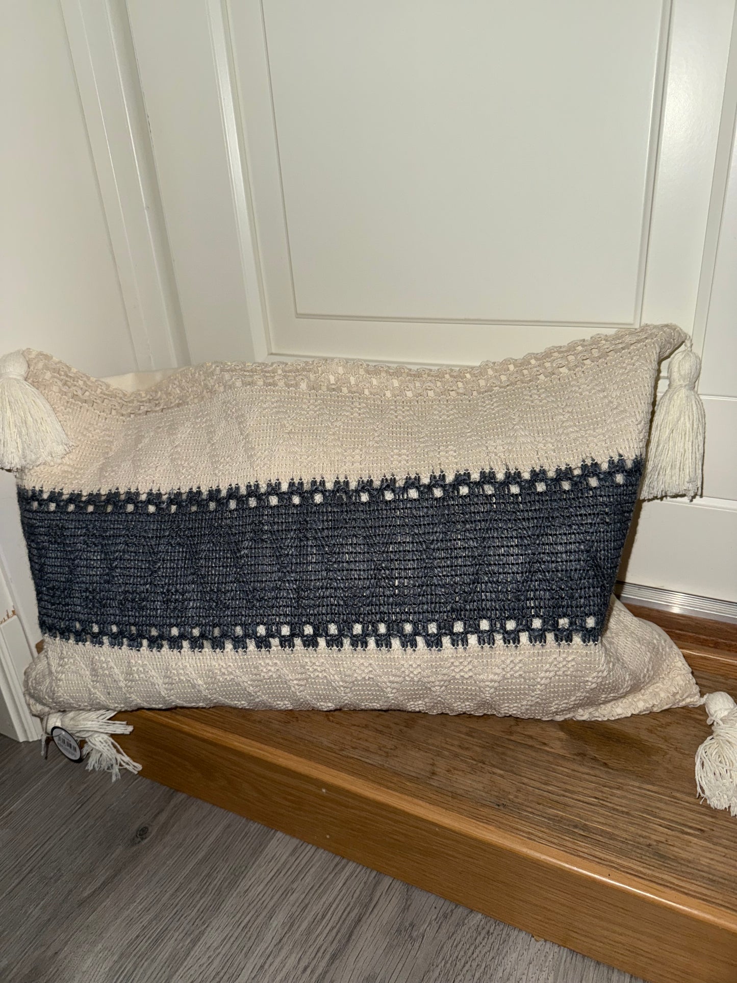 Putetrekk vevd bomull/lin krem m/blå 30x50cm